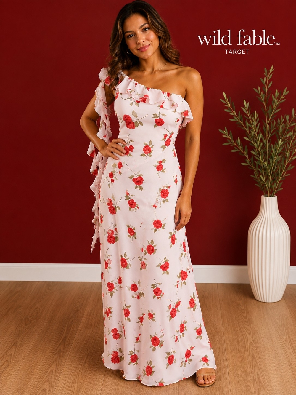 wild fable One-Shoulder Pink Dress with Red Floral Print